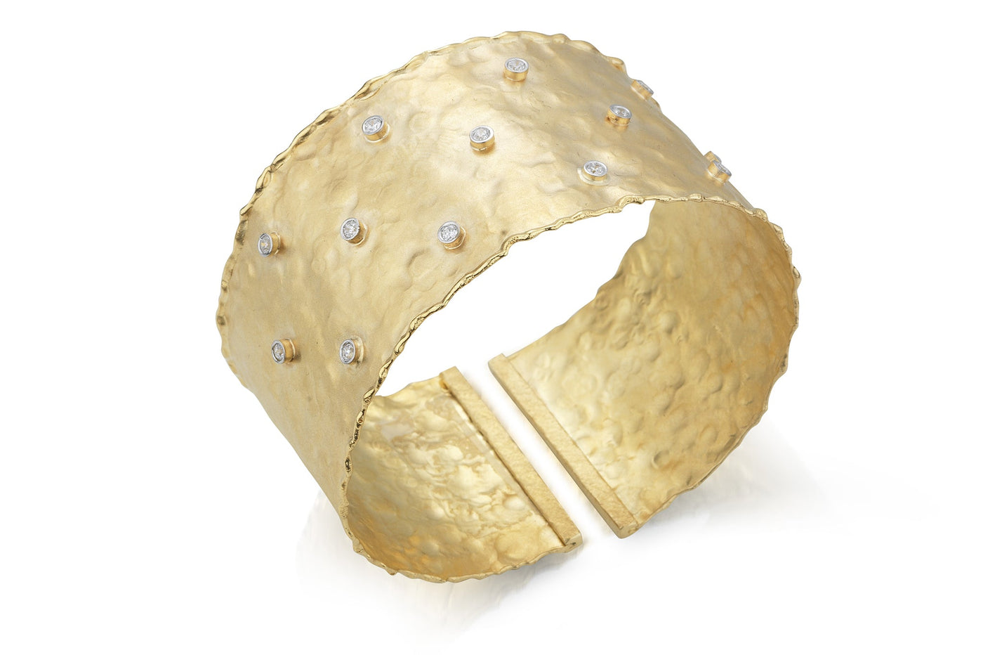 Hammered Yellow Gold Cuff with Scattered Diamonds
