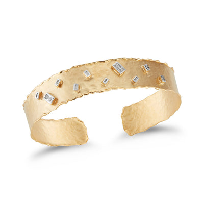 Yellow Gold Narrow Cuff with Scattered Baguette Diamonds