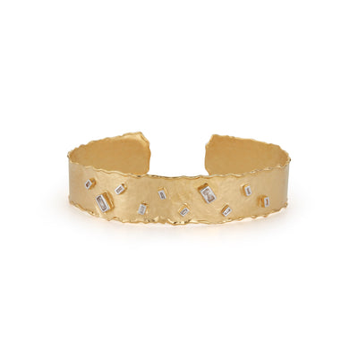 Yellow Gold Narrow Cuff with Scattered Baguette Diamonds