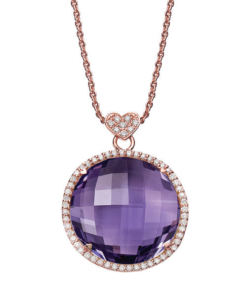 18K ROSE GOLD NECKLACE WITH 20MM ROUND AMETHYST AND .47 CTS DIAMONDS