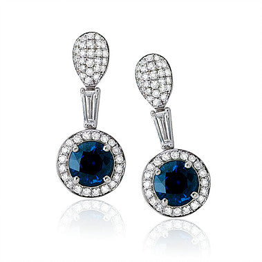 Round Blue Sapphire and Diamond Drop Earrings